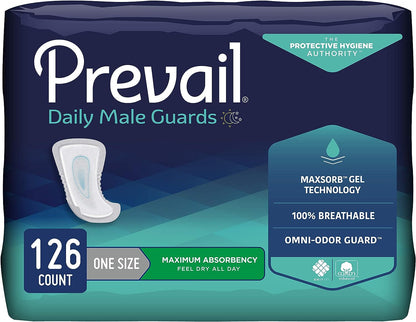 Package of Prevail Daily Male Guards with product details on a white background