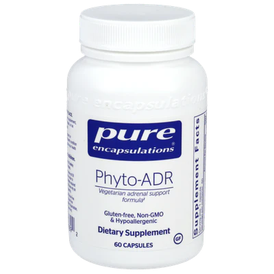 A white bottle with a blue label that reads 'Pure Encapsulations Phyto-ADR Vegetarian Formula' with additional text indicating gluten-free, non-GMO, hypoallergenic, and 60 capsules inside.