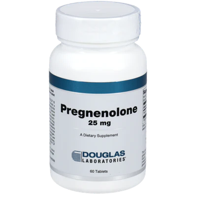 A bottle of Douglas Labs Pregnenolone 25 mg dietary supplement containing 60 tablets.