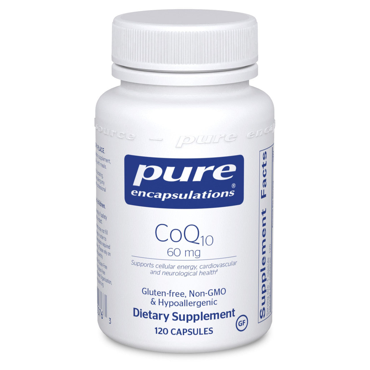A bottle of Pure Encapsulations CoQ10 60 mg dietary supplement with 120 capsules.