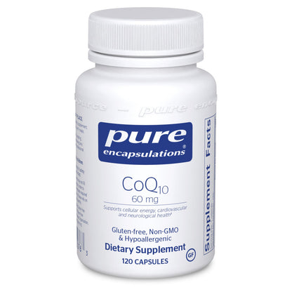 A bottle of Pure Encapsulations CoQ10 60 mg dietary supplement with 120 capsules.