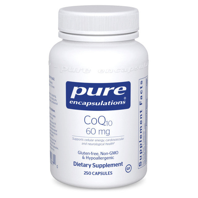 A bottle of Pure Encapsulations CoQ10 60 mg dietary supplement with 250 capsules.