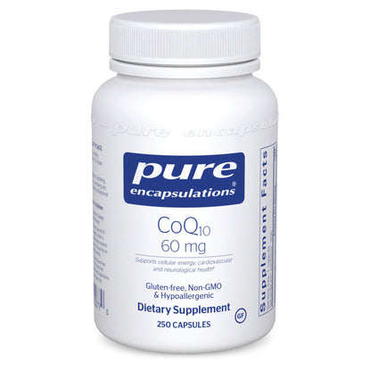 A bottle of Pure Encapsulations CoQ10 60 mg dietary supplement with 250 capsules.