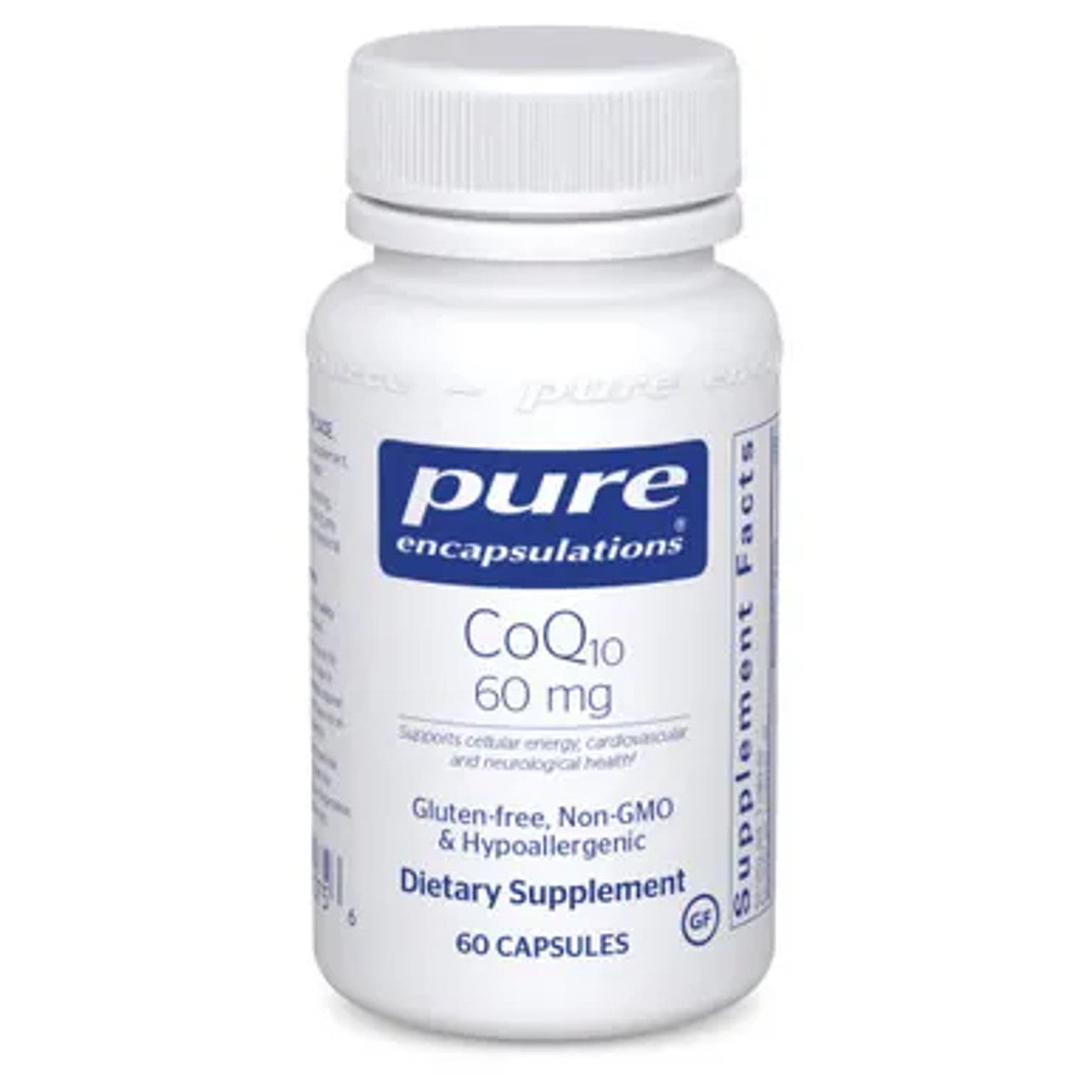 A bottle of Pure Encapsulations CoQ10 60 mg dietary supplement with 60 capsules.