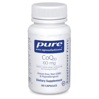 A bottle of Pure Encapsulations CoQ10 60 mg dietary supplement with 60 capsules.