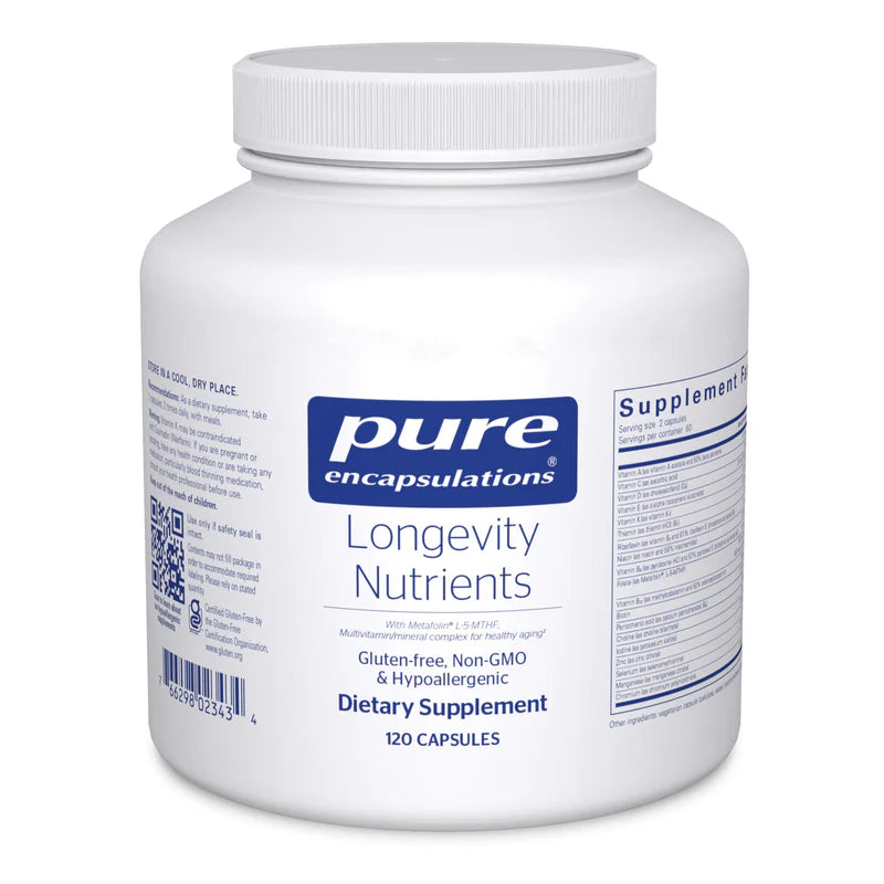 A white bottle of Pure Encapsulations Longevity Nutrients with blue and silver labeling, indicating it contains 120 capsules for dietary supplement use.
