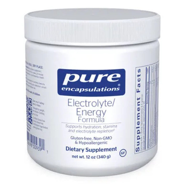 A container of Pure Encapsulations Electrolyte/Energy Formula, which is a dietary supplement intended to support hydration and electrolyte balance during exercise.