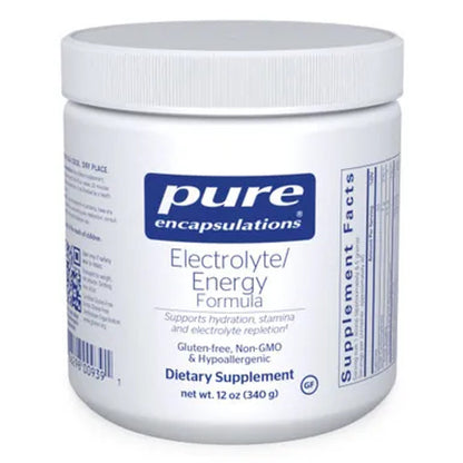 A container of Pure Encapsulations Electrolyte/Energy Formula, which is a dietary supplement intended to support hydration and electrolyte balance during exercise.