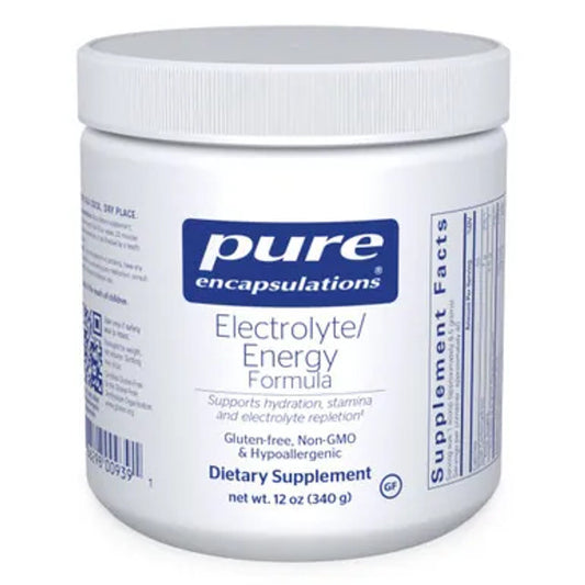 A container of Pure Encapsulations Electrolyte/Energy Formula, which is a dietary supplement intended to support hydration and electrolyte balance during exercise.