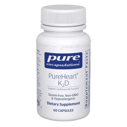 A bottle of Pure Encapsulations PureHeart K2D dietary supplement with 60 capsules, labeled for supporting cardiovascular health.