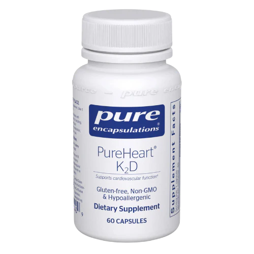 A bottle of Pure Encapsulations PureHeart K2D dietary supplement with 60 capsules, labeled for supporting cardiovascular health.