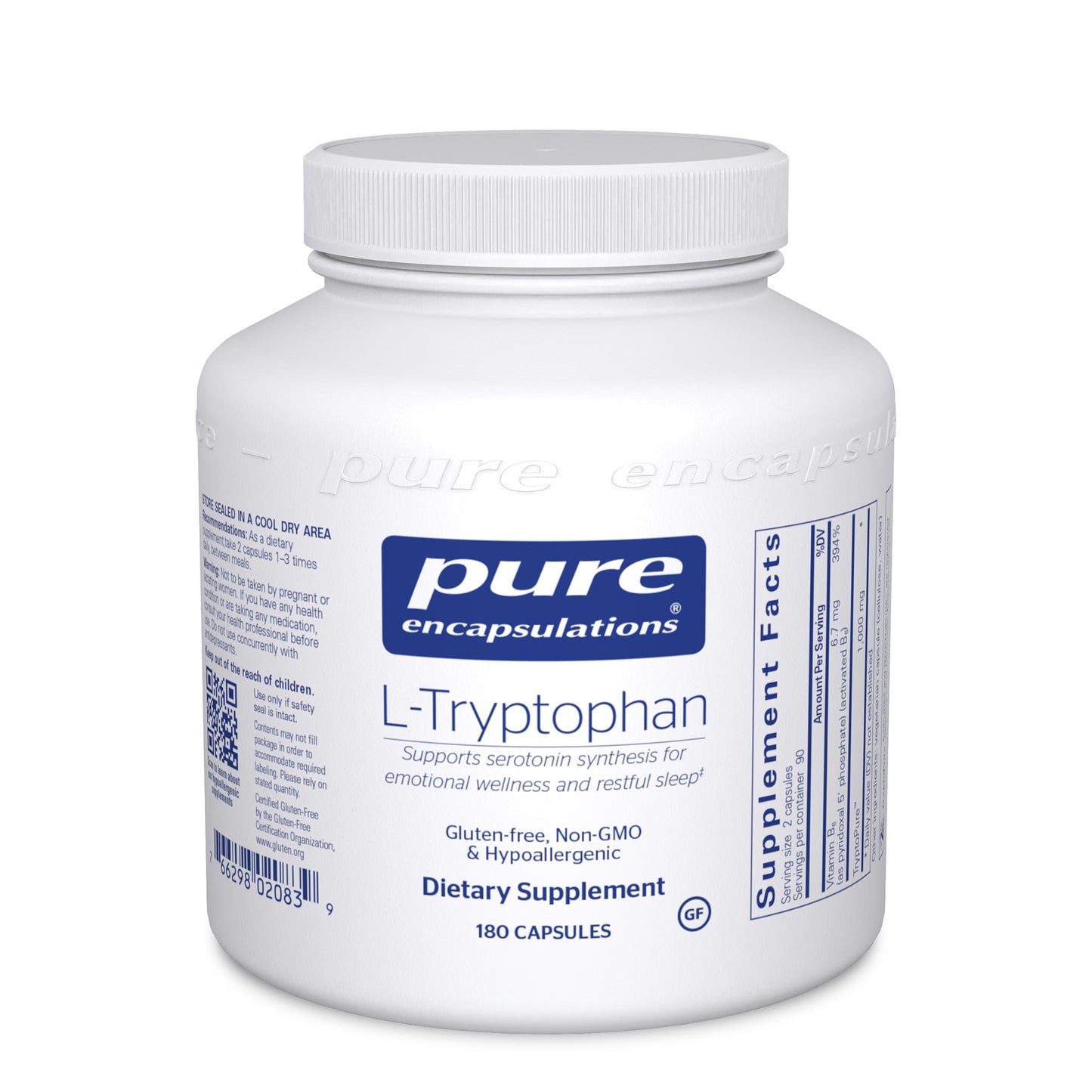 A bottle of Pure Encapsulations L-Tryptophan dietary supplement with 180 capsules, labeled for supporting emotional wellness, restful sleep, and relaxation.
