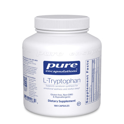 A bottle of Pure Encapsulations L-Tryptophan dietary supplement with 180 capsules, labeled for supporting emotional wellness, restful sleep, and relaxation.