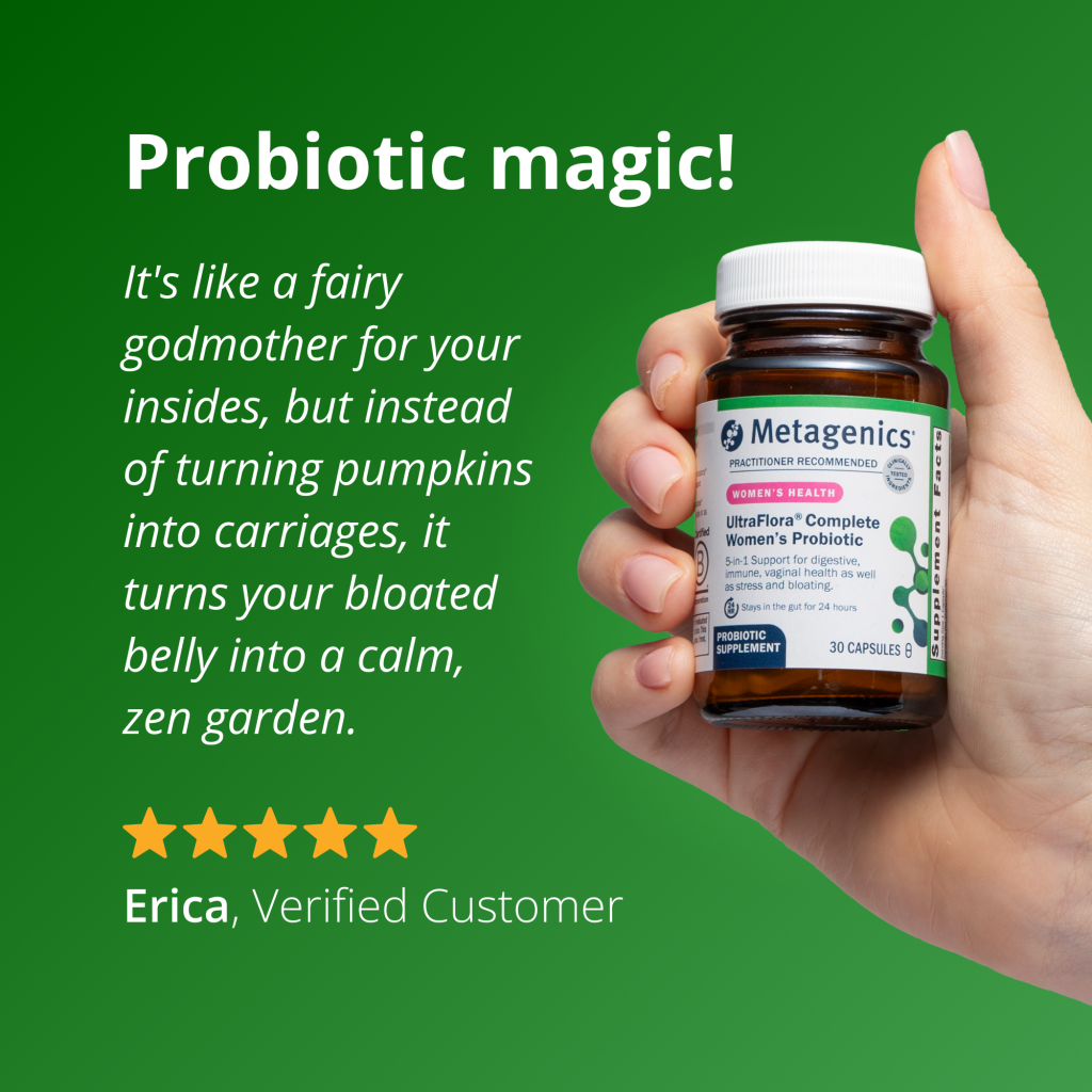 Hand holding a Metagenics probiotic bottle with promotional text on a green background