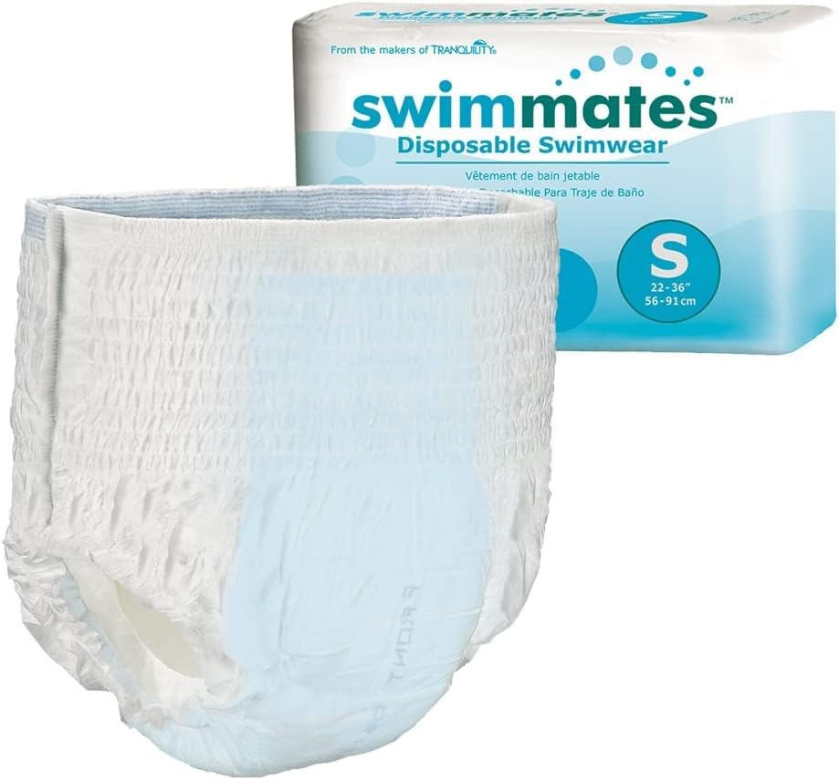 A single Swimmates disposable swim diaper with a blue moisture-proof barrier and white inner leg cuffs, alongside its packaging.