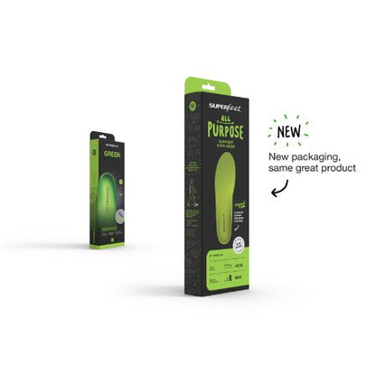 Packaging of Superfeet Performance Insole in High Density Foam Green, highlighting the product's features and its packaging is predominantly green with black accents.