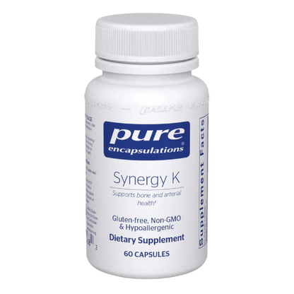A bottle of Pure Encapsulations Synergy K dietary supplement with 60 capsules, labeled as gluten-free, non-GMO, and hypoallergenic.