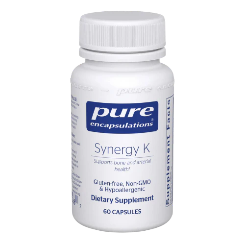 A bottle of Pure Encapsulations Synergy K dietary supplement with 60 capsules, labeled as gluten-free, non-GMO, and hypoallergenic.