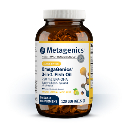 A bottle of Metagenics 3 in 1 fish oil.  Lemon lime flavored.  120 Count