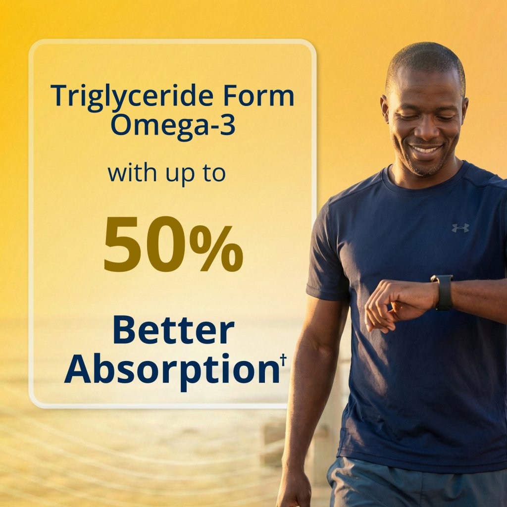 A picture of a man looking at his watch with words that say "triglyceride for omega 3 with up to 50% better absorption. " 