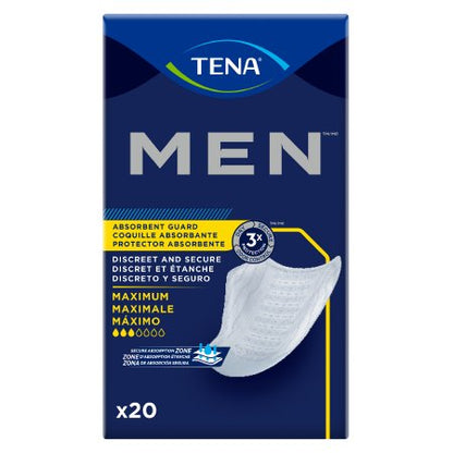 Packaging for TENA Men's bladder control pads, highlighting maximum absorbency and discretion features, with a visual of the pads on the front.