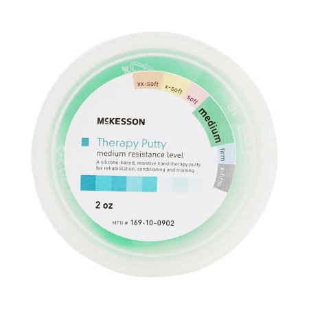 Container of McKesson Therapy Putty at medium resistance level, 2 oz size, with color-coding indicators.