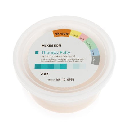 A container of McKesson Therapy Putty with a label indicating it is x2 soft resistance level, 2 oz. size, and indicates it is not made with natural rubber latex.