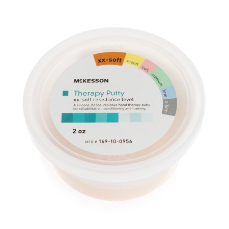 A container of McKesson Therapy Putty with a label indicating it is x2 soft resistance level, 2 oz. size, and indicates it is not made with natural rubber latex.