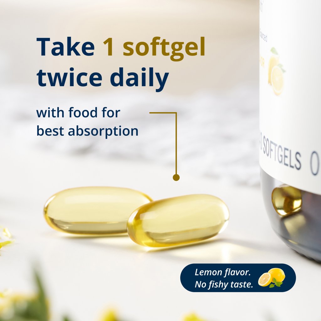 A picture of Metagenics OmegaGenics two softgel capsules with instructions to take two softgels daily with food for best absorption.