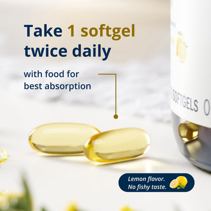 A picture of Metagenics OmegaGenics two softgel capsules with instructions to take two softgels daily with food for best absorption.