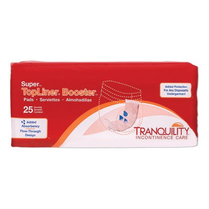 Packaging for Tranquility TopLiner Booster pads for incontinence care, heavy absorbency, 25 pads per package.