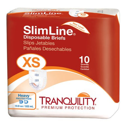Packaging of SlimLine Disposable Heavy Absorbency Briefs with Tranquility Premium Protection. The package is red and white with product information and the brand name visible.