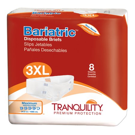 Packaging of Tranquility Bariatric 3XL disposable incontinence briefs with a visual of the briefs and the brand name mentioned.
