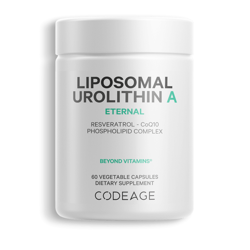 Supplement container labeled 'Liposomal Urolithin A Eternal' by Codeage on a green background