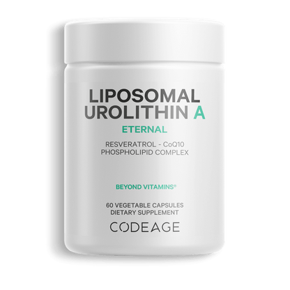 Supplement container labeled 'Liposomal Urolithin A Eternal' by Codeage on a green background