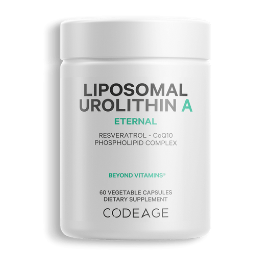 Supplement container labeled 'Liposomal Urolithin A Eternal' by Codeage on a green background
