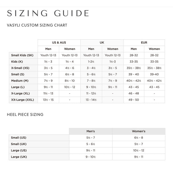 Vasyli Custom Sizing Chart for shoes with size ranges for men, women, and children.