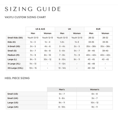 Vasyli Custom Sizing Chart for shoes with size ranges for men, women, and children.