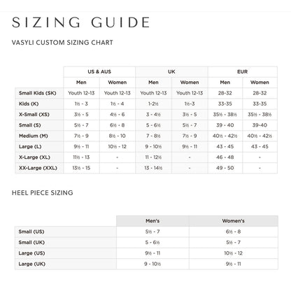 Vasyli Custom Sizing Chart for shoes with size conversions between US, AUS, UK, and EUR.