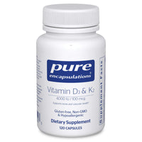 A bottle of Pure Encapsulations Vitamin D3 & K2 with 120 capsules, labeled for supporting bone and vascular health.