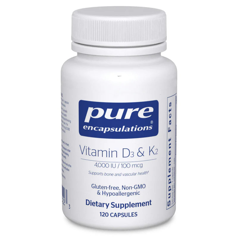 A bottle of Pure Encapsulations Vitamin D3 & K2 with 120 capsules, labeled for supporting bone and vascular health.