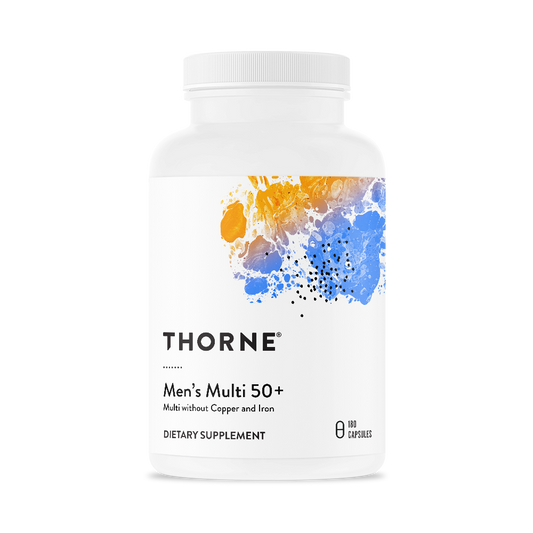 A bottle of Thorne Men's Multi 50+ dietary supplement with a white label and multicolored design.