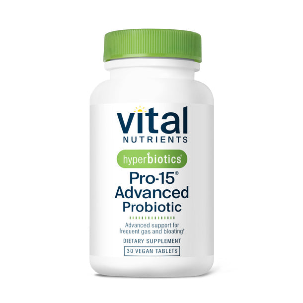 A bottle of Vital Nutrients Hyperbiotics Pro-15 Advanced Probiotic dietary supplement with green lid, displaying label that includes the product name and description.