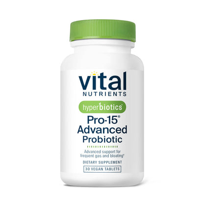 A bottle of Vital Nutrients Hyperbiotics Pro-15 Advanced Probiotic dietary supplement with green lid, displaying label that includes the product name and description.