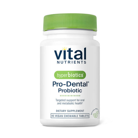 A bottle of Vital Nutrients Hyperbiotics Pro-Dental Probiotic with green lid, containing 45 vegan chewable tablets for oral and digestive health.