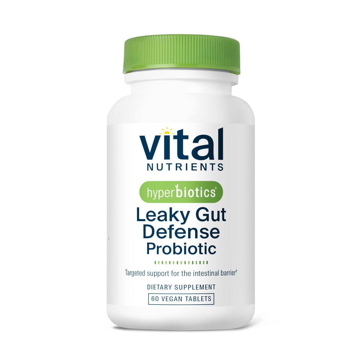 A bottle of Vital Nutrients Hyperbiotics Leaky Gut Defense Probiotic with 50 vegan tablets.