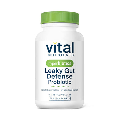 A bottle of Vital Nutrients Hyperbiotics Leaky Gut Defense Probiotic with 50 vegan tablets.