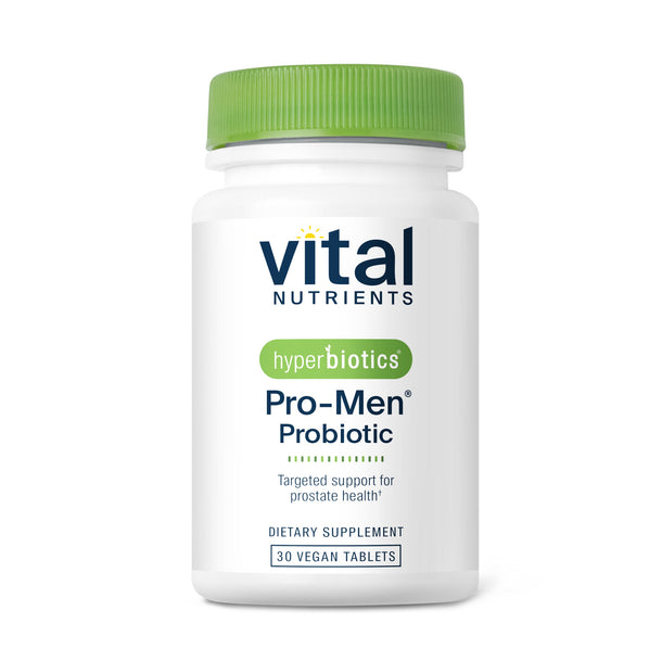 A bottle of Vital Nutrients Hyperbiotics Pro-Men Probiotic with 30 vegan tablets.