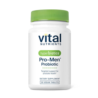 A bottle of Vital Nutrients Hyperbiotics Pro-Men Probiotic with 30 vegan tablets.