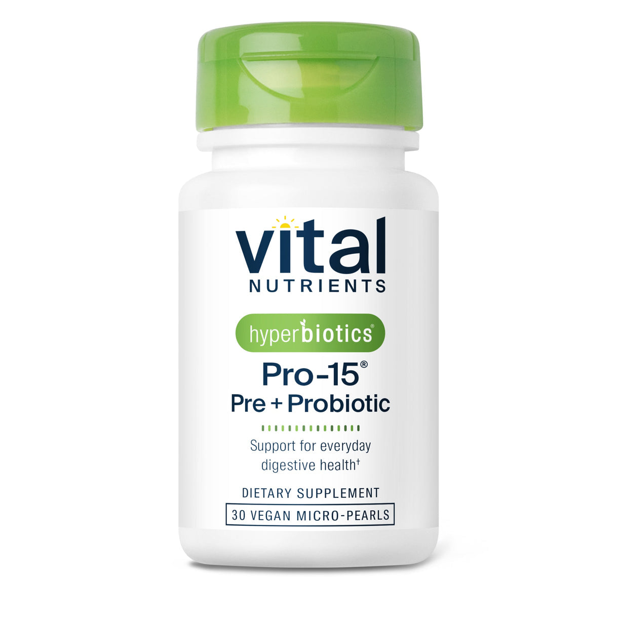A bottle of Vital Nutrients Hyperbiotics Pro-15 Pre + Probiotic dietary supplement with green lid, white label, and purple text.